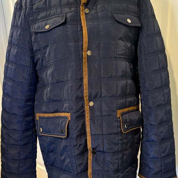 DE-NIKO Milano Men’s Lightweight Navy With Brown Trim Zip Up Jacket With Pockets - Picture 3 of 15